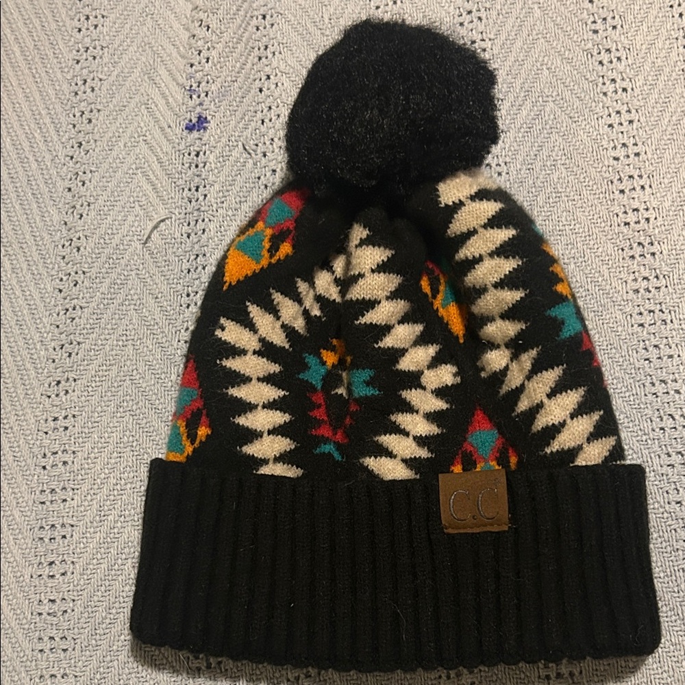 CC Beanie Aztec Pom Pom Beanie - Black, White, and Multicolor